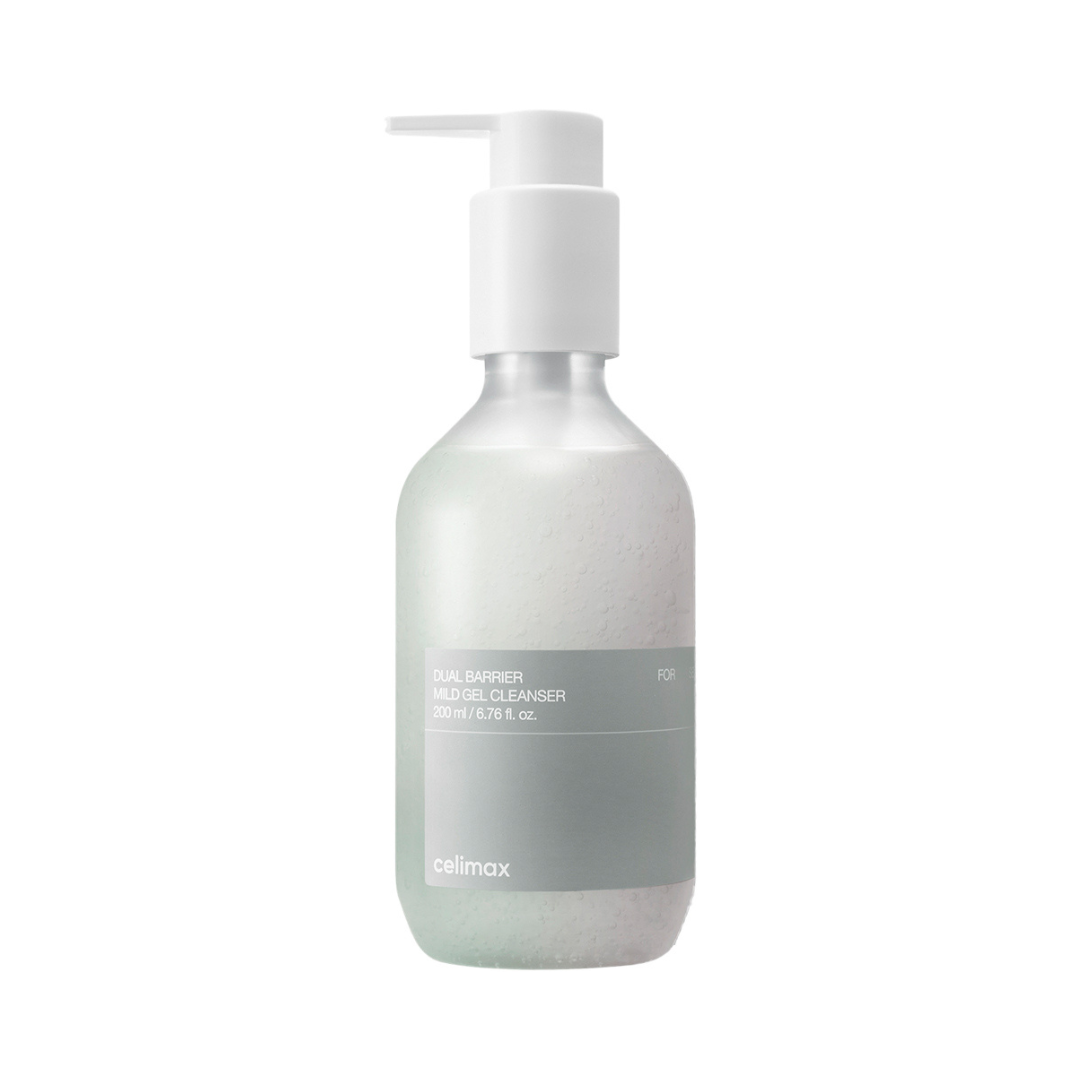 Hvid pumpflaske med grå label, "Celimax Dual Barrier Mild Gel Cleanser", 200 ml.