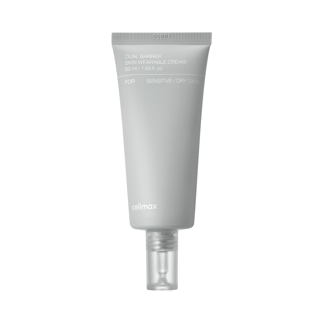 Grå tube med Celimax Dual Barrier Skin Wearable Cream til sensitiv/tør hud, 50 ml, klar hætte.