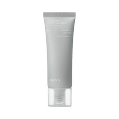 Grå tube med Celimax Dual Barrier Watery Sun Cream, SPF 50+, til sensitiv og tør hud, 40 ml.