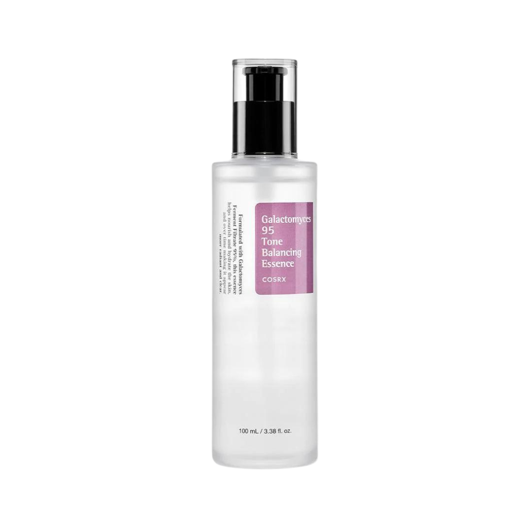 Klar flaske med sort pumpe, label med teksten "Galactomyces 95 Tone Balancing Essence" af Cosrx.