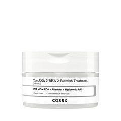 Hvid krukke med etiket: "The AHA 2 BHA 2 Blemish Treatment" fra Cosrx, ingredienser listet.