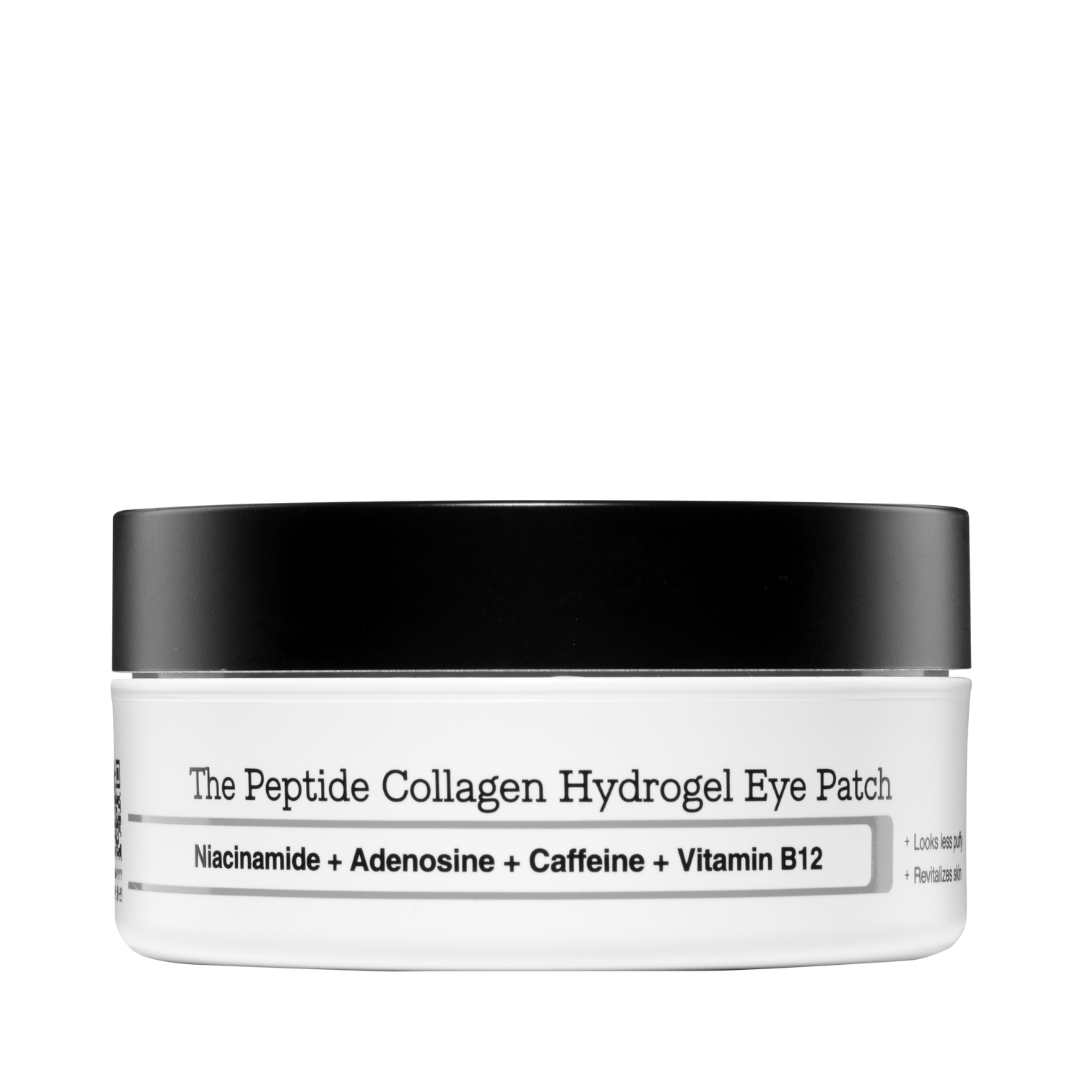 Hvid krukke med sort låg, mærket "The Peptide Collagen Hydrogel Eye Patch" og ingredienser nævnt.