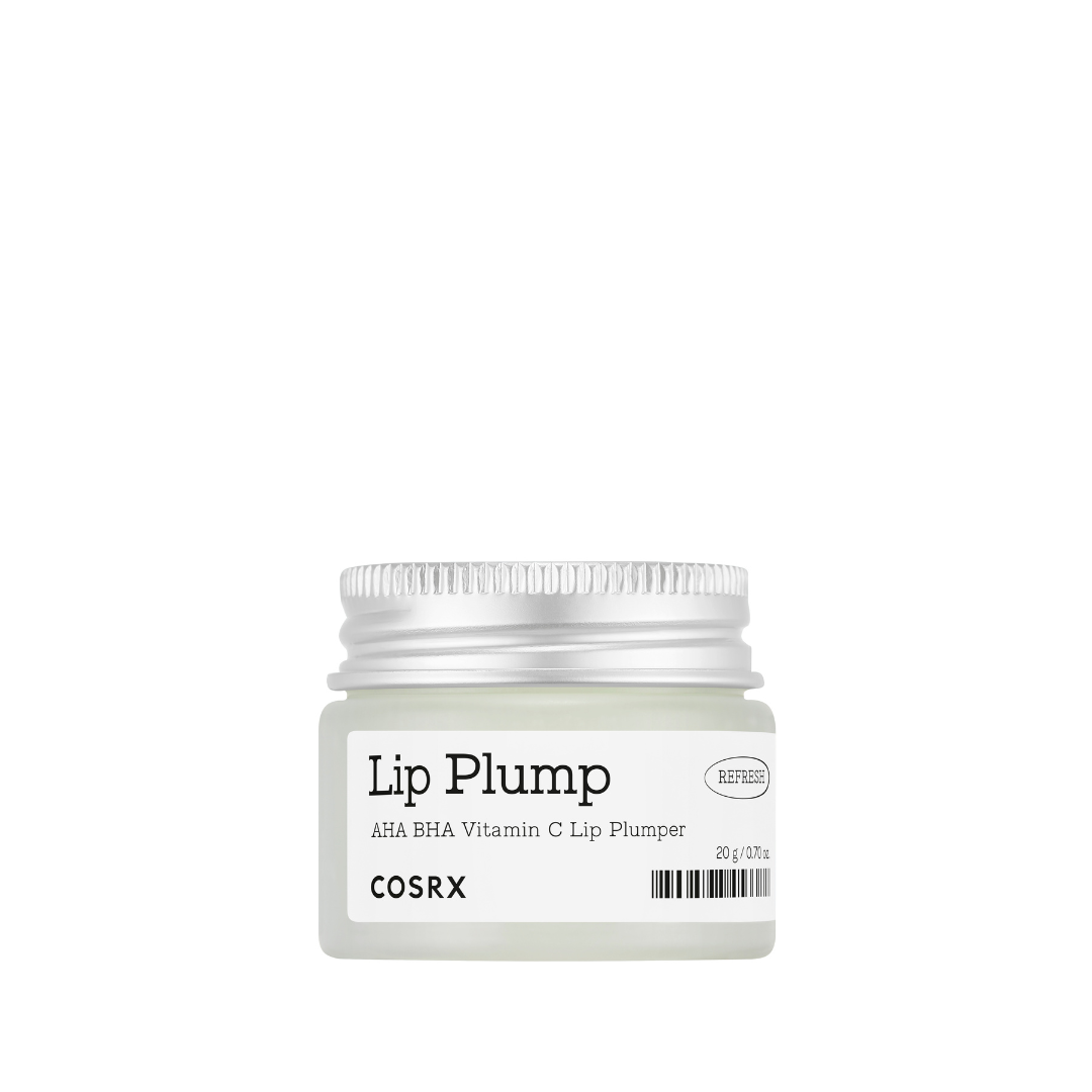 Lille hvid krukke med sølv låg. Etiket: "Lip Plump" og produktdetaljer fra Cosrx.