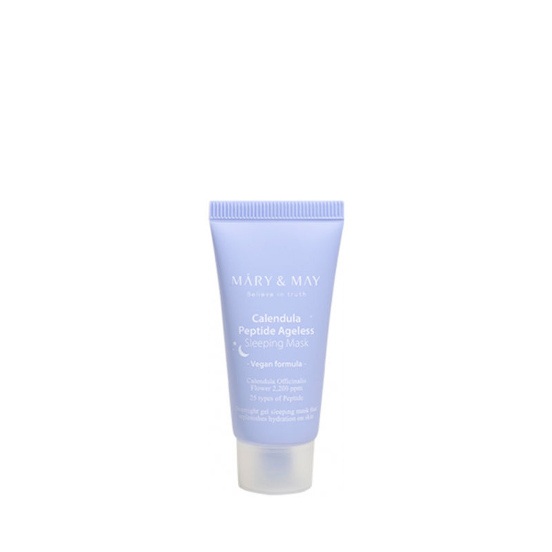 Lyselilla tube med Mary&May Calendula Peptide Ageless Sleeping Mask, 30 g, med hvid tekst.
