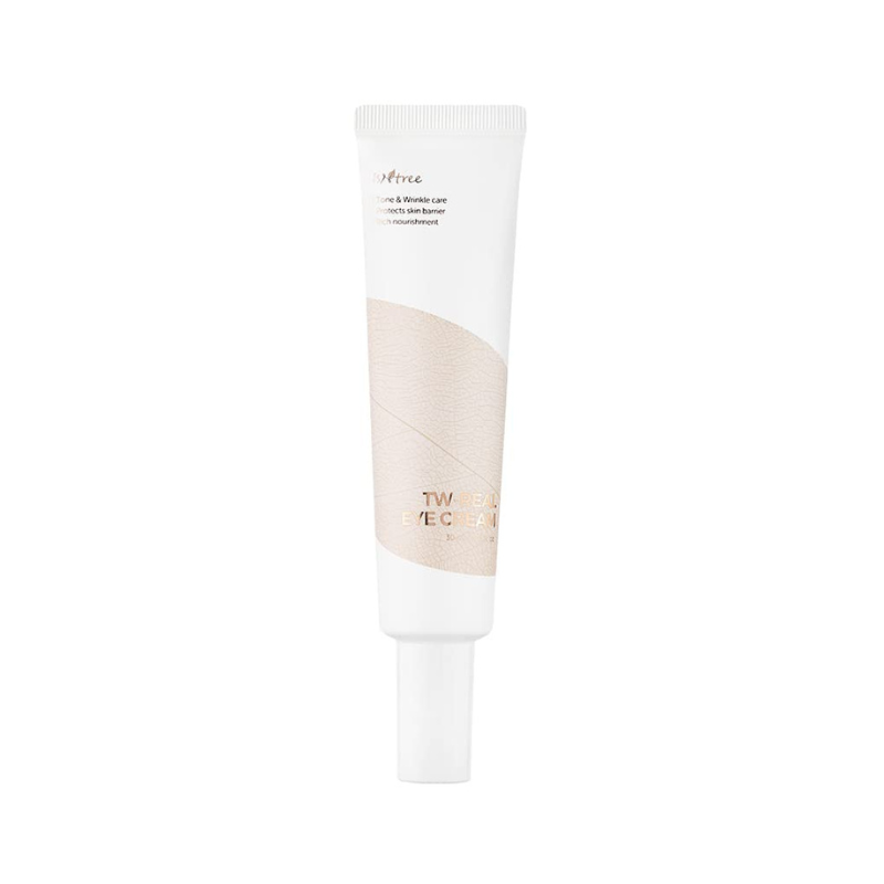 Hvid tube med beige design og teksten "TW-Real Eye Cream" fra Isntree.