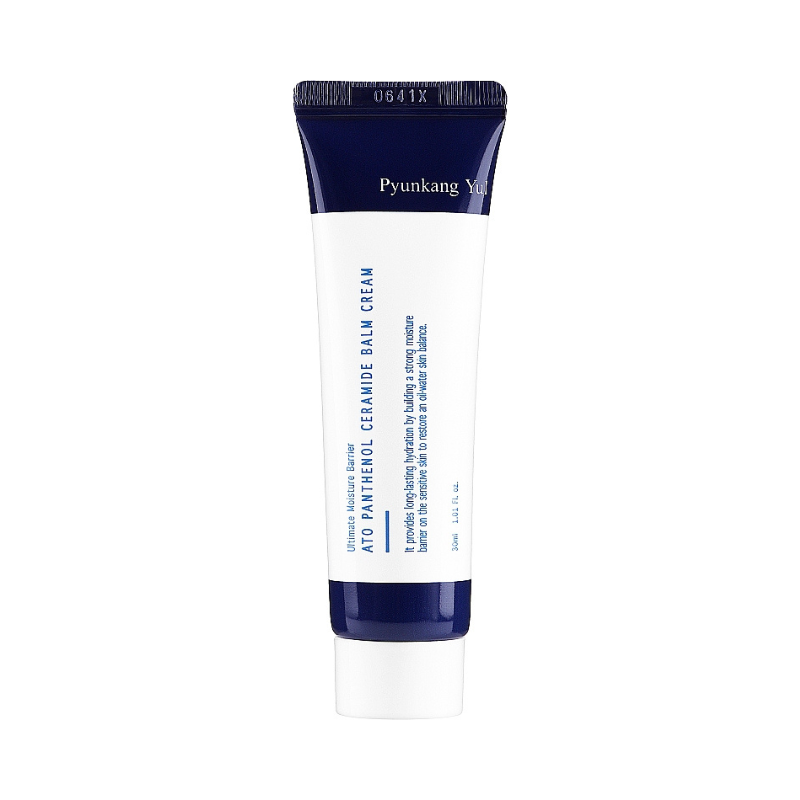 Hvid tube med blå tekst, Pyunkang Yul ATO Panthenol Ceramide Balm Cream, 30 ml.