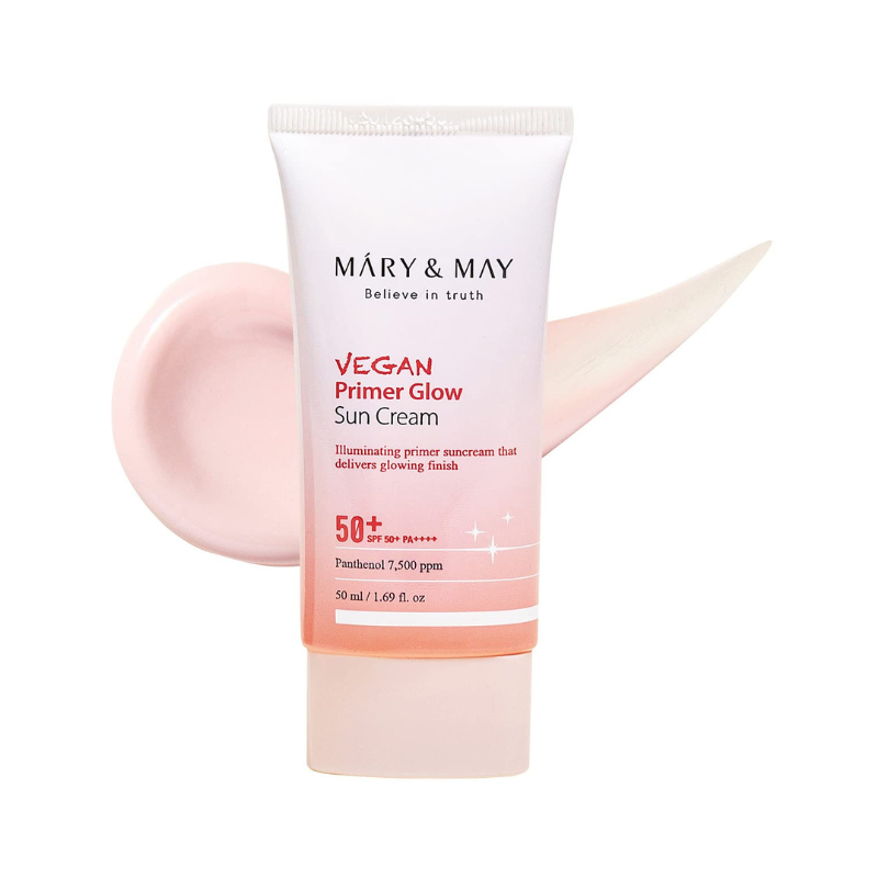 Tube med Mary&May Vegan Primer Glow Sun Cream, SPF50+, pink og hvid emballage.