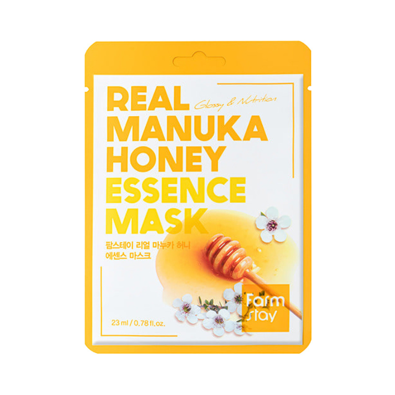 Gul pakke med tekst "Real Manuka Honey Essence Mask" og honning med blomster.
