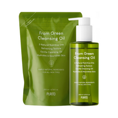 Grøn flaske og refillpose med Purito From Green Cleansing Oil, 200 ml, til alle hudtyper.