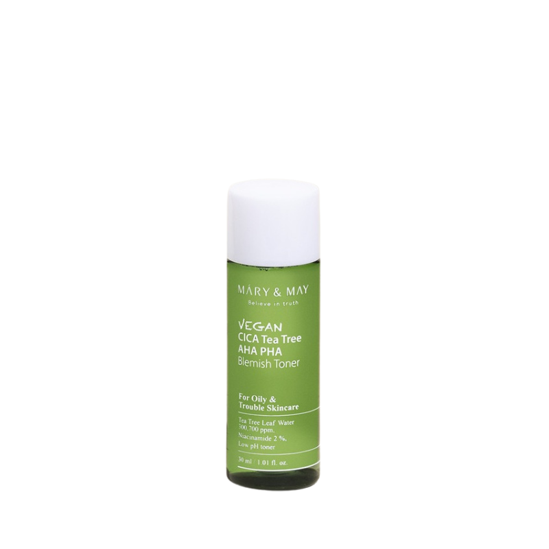 Grøn flaske med Mary&May Vegan Cica Tea Tree AHA PHA toner til fedtet hud, 30 ml.