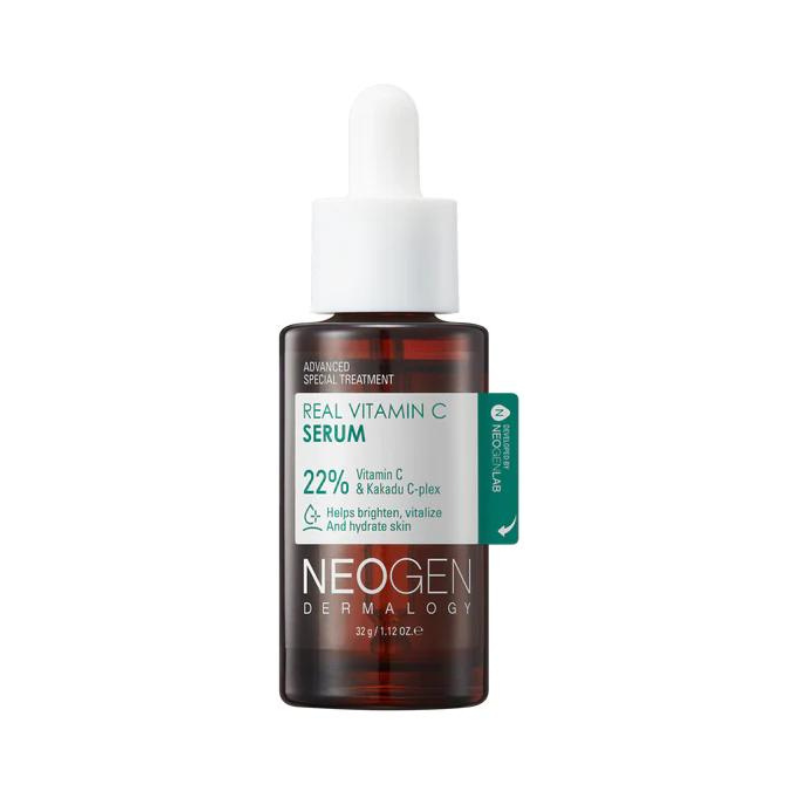 Flaske med Neogen Real Vita C Serum, 22% C-vitamin, fremhæver hudens lysning og hydrering.