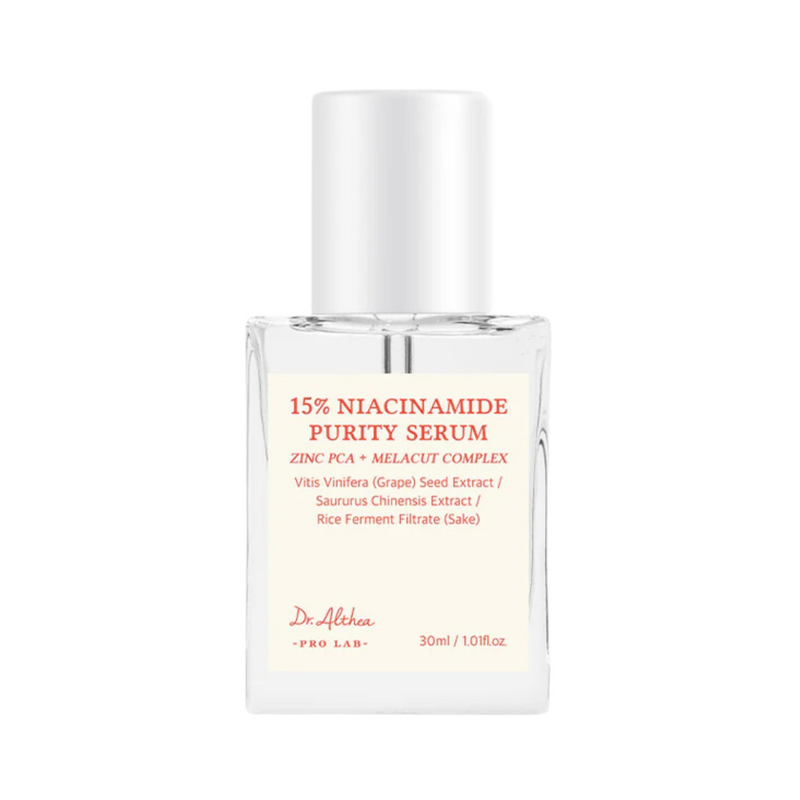 Klar flaske med Dr. Althea 15% Niacinamide Serum, ingredienser: drue, sake, Saururus chinensis.