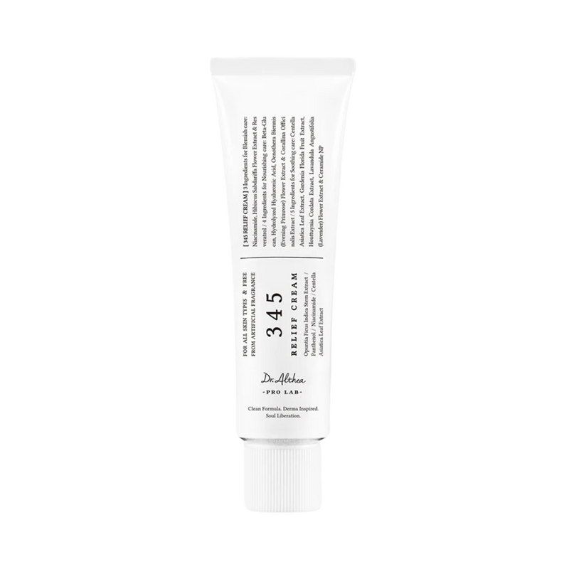 Hvid tube med sort tekst, "Dr. Althea 345 Relief Cream." Enkel og stilren emballage.