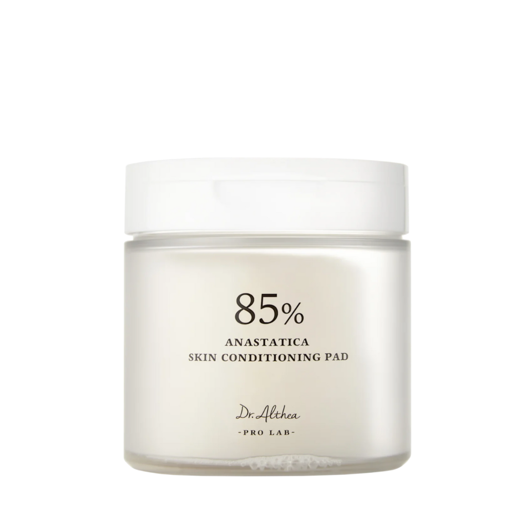 Krukke med hvidt låg, tekst "85% Anastatica Skin Conditioning Pad", "Dr. Althea Pro Lab".