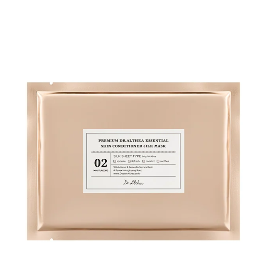 Beige pakke med etiket, der angiver "Dr. Althea Essential Skin Conditioner Silk Mask" og egenskaber.