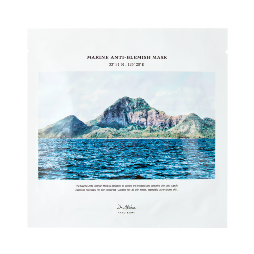Emballage af Dr. Althea Marine Anti-Blemish Mask med hav- og bjergmotiv.