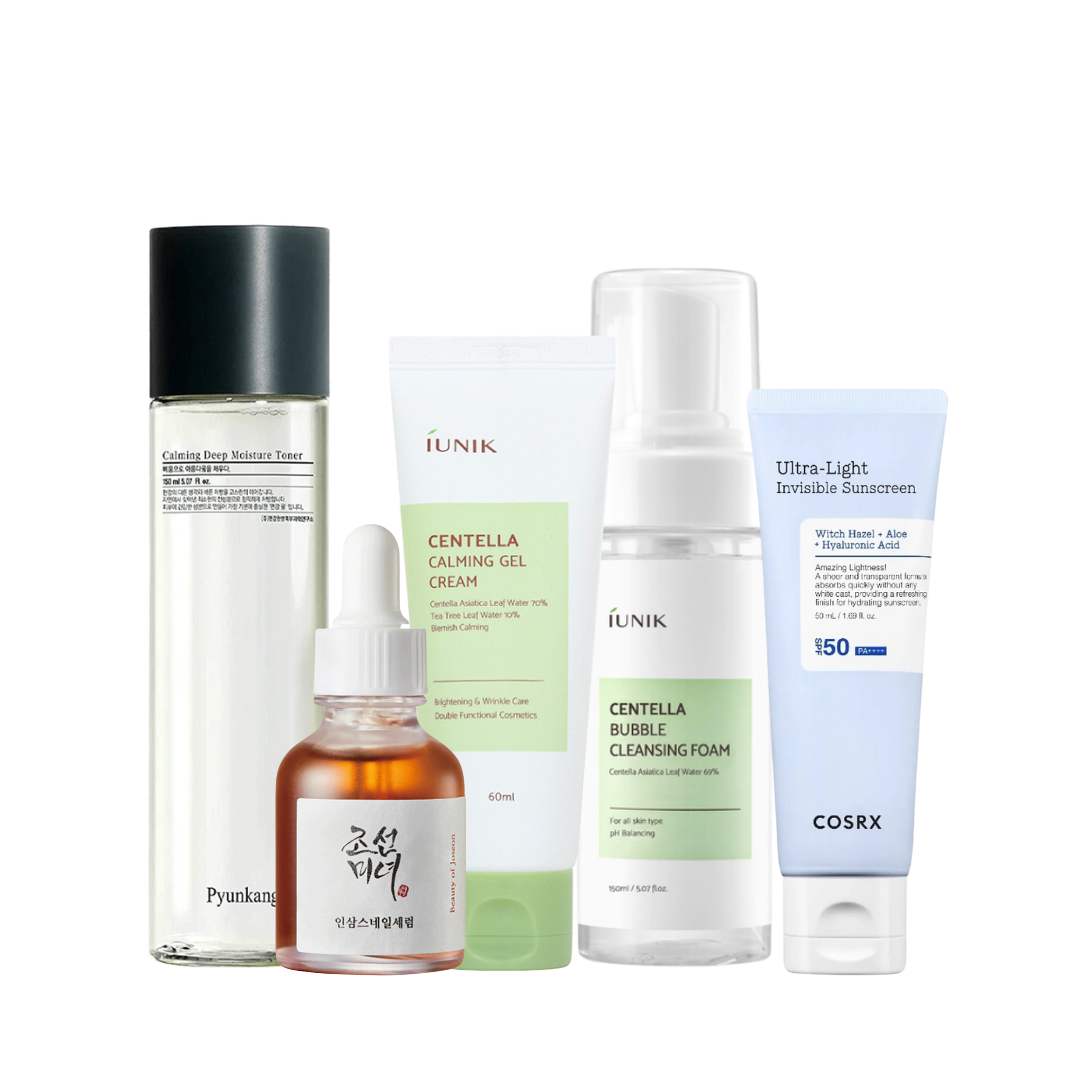 Fem hudplejeprodukter: toner, gelcreme, rensefoam, serum og solcreme, opstillet side om side.
