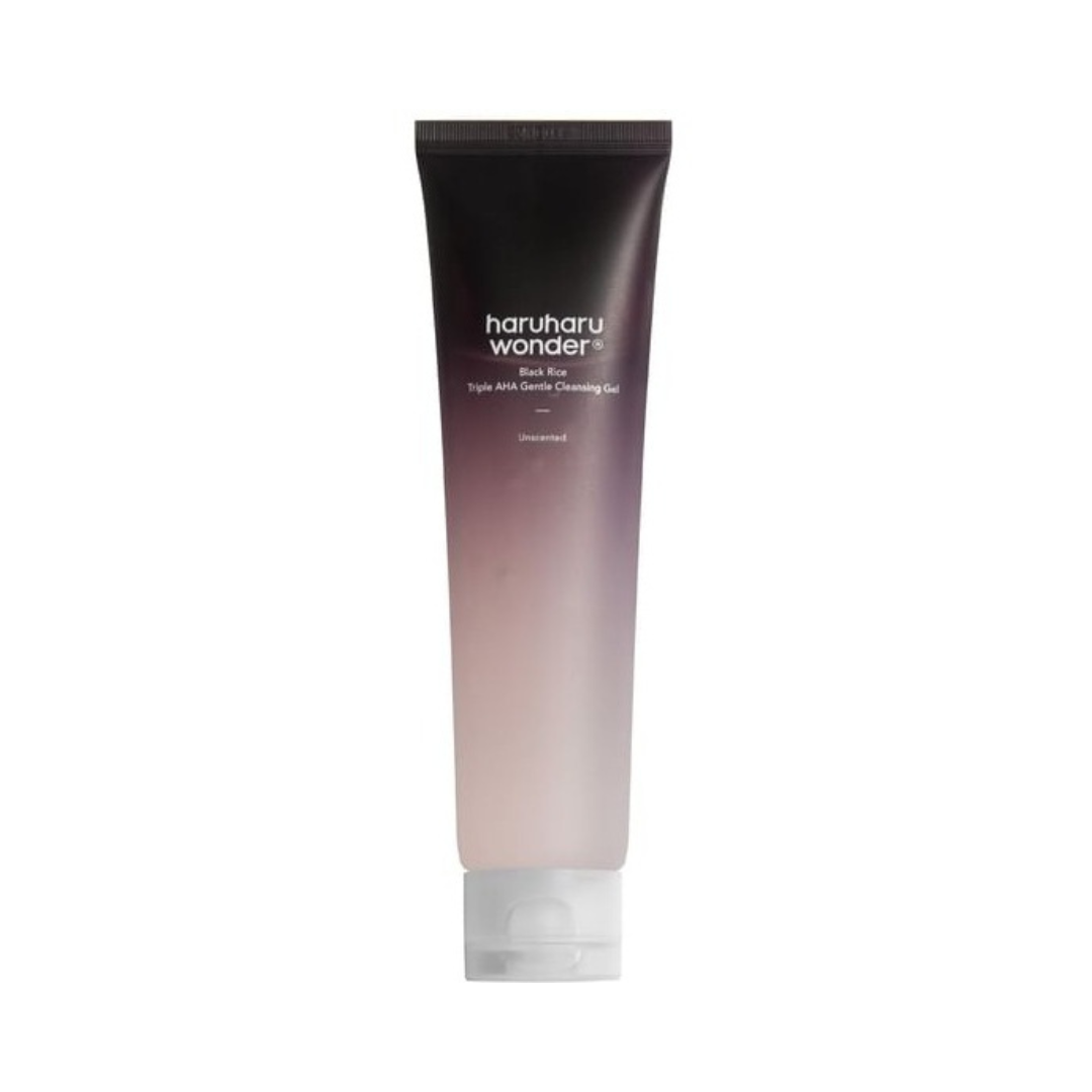 Rørformet emballage med gradient, mørk top til lys bund, tekst: Haruharu Wonder Cleansing Gel.