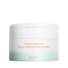 Hvid krukke med grøn bund, tekst: "Centella Sunflower Makeup Melting Cleansing Balm, 100g 3.52 oz."