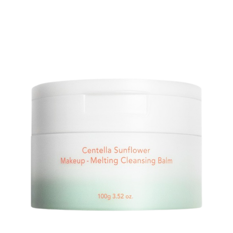 Hvid krukke med grøn bund, tekst: "Centella Sunflower Makeup Melting Cleansing Balm, 100g 3.52 oz."
