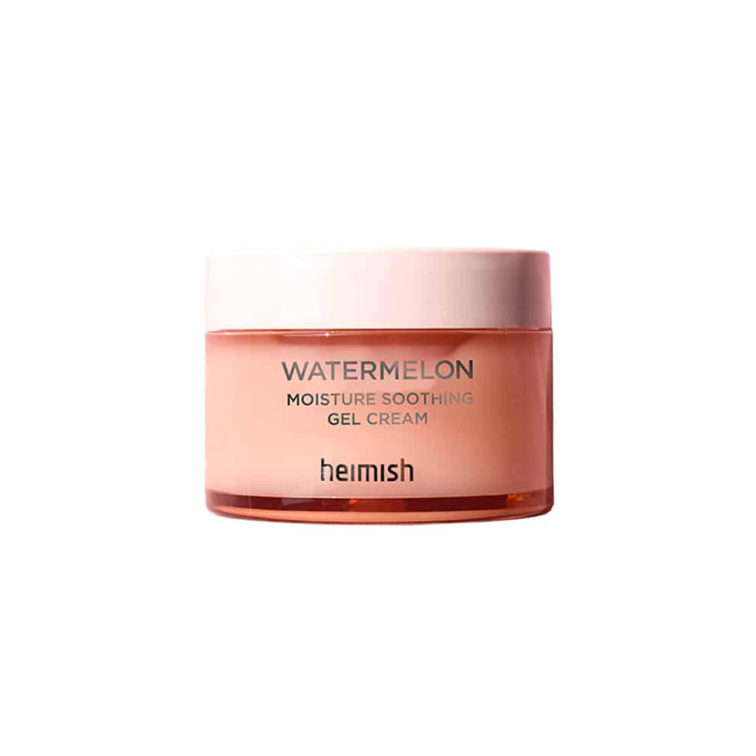 Lyserød krukke med teksten "Watermelon Moisture Soothing Gel Cream" fra Heimish.