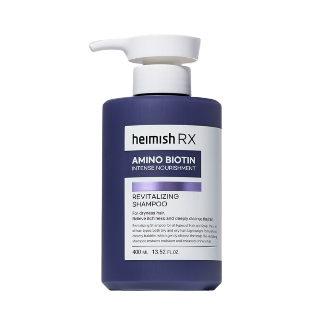 Flaske med pumpe, "Heimish RX Amino Biotin Revitalizing Shampoo", 400 ml, til tørt hår.