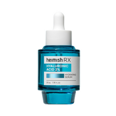 Blå serumflaske med hvid dråberhætte, mærket "Heimish RX Hyaluronic Acid 2% Hydrating Serum".