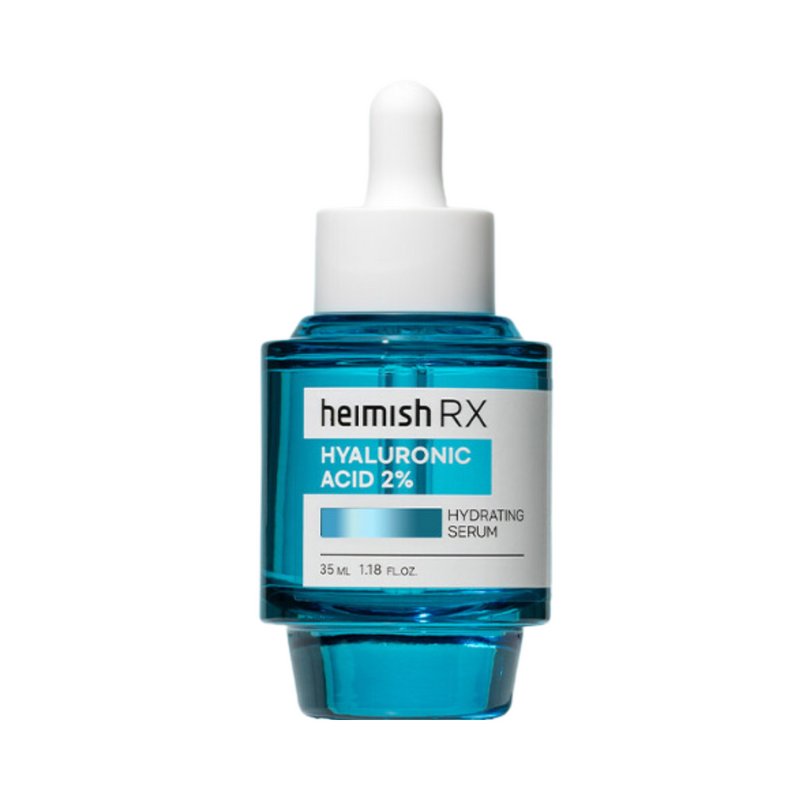 Blå serumflaske med hvid dråberhætte, mærket "Heimish RX Hyaluronic Acid 2% Hydrating Serum".