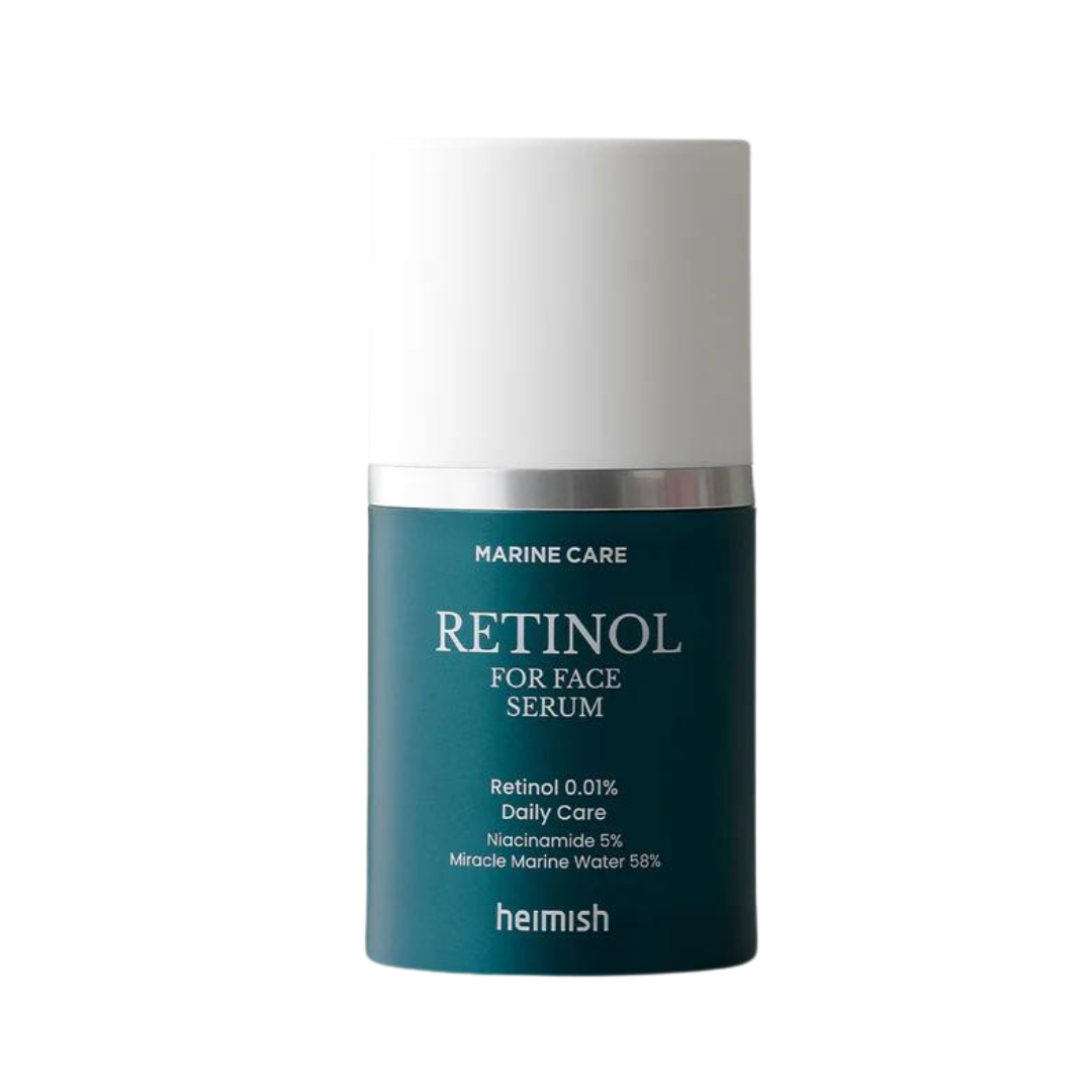 Grønt og hvidt serumflaske med teksten "Heimish Marine Care Retinol For Face Serum".
