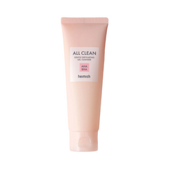 Lyserød tube med tekst: "All Clean Gentle Exfoliating Gel Cleanser" og "AHA BHA" fra Heimish.