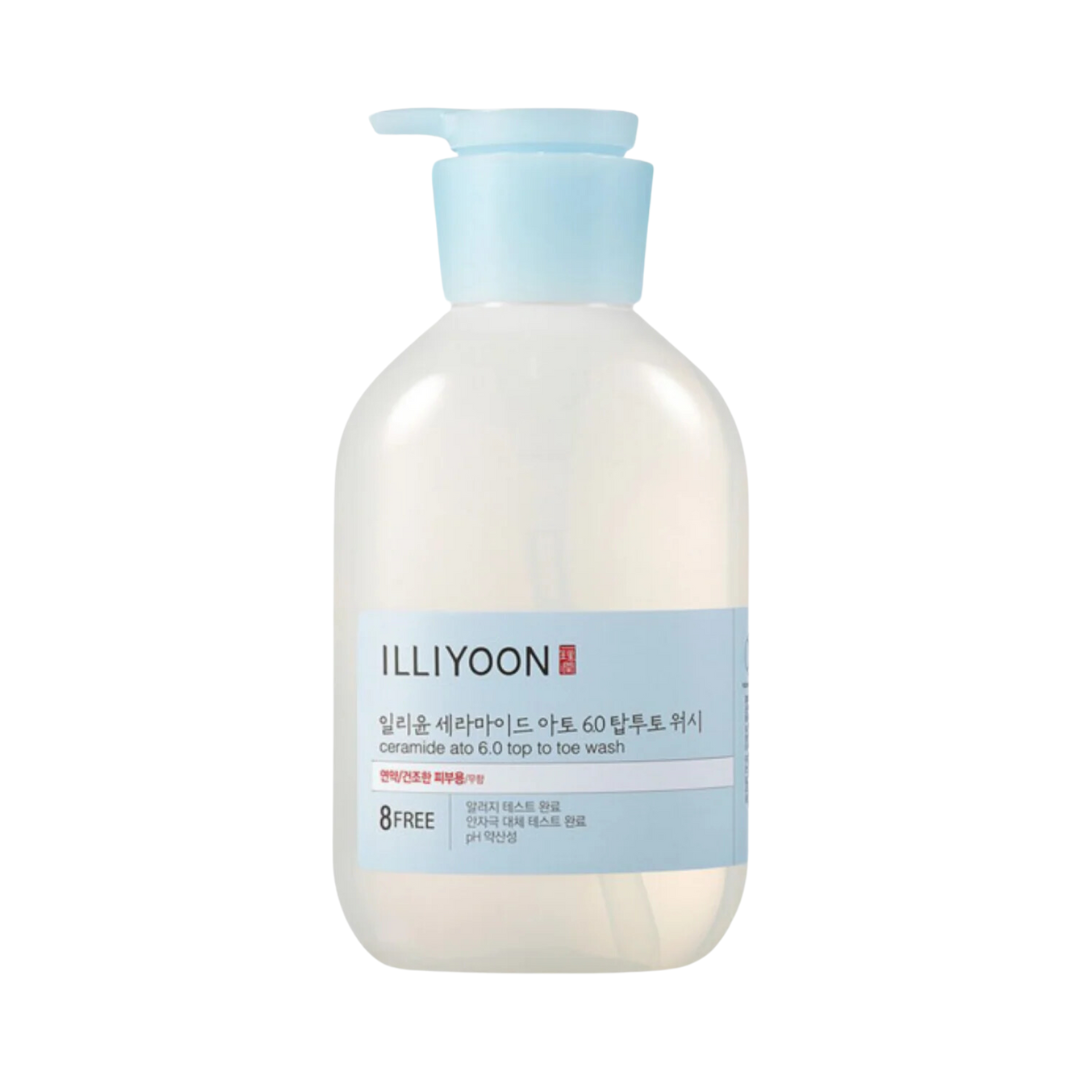 Hvid flaske med blå pumpe, mærket "Illiyoon - Ceramide Ato 6.0 Top To Toe Wash."