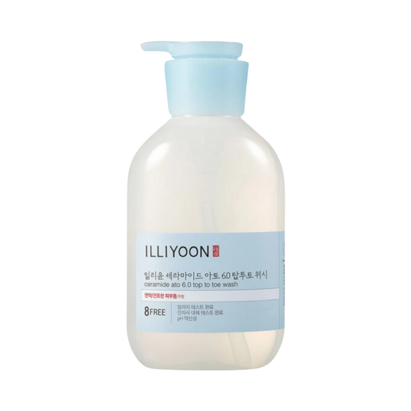 Hvid flaske med blå pumpe, mærket "Illiyoon - Ceramide Ato 6.0 Top To Toe Wash."