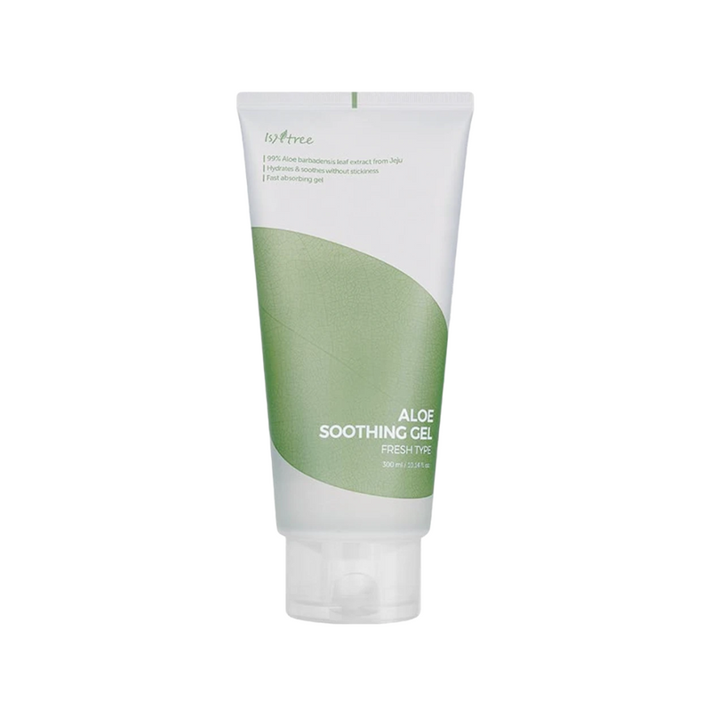 Hvid tube med grøn grafik, mærket "Isntree Aloe Soothing Gel Fresh", 300 ml.