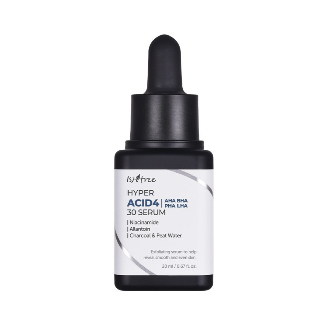 Sort dråbeflaske med hvidtikette: "Isntree Hyper Acid 4 Serum". 20 ml. Indeholder AHA, BHA.