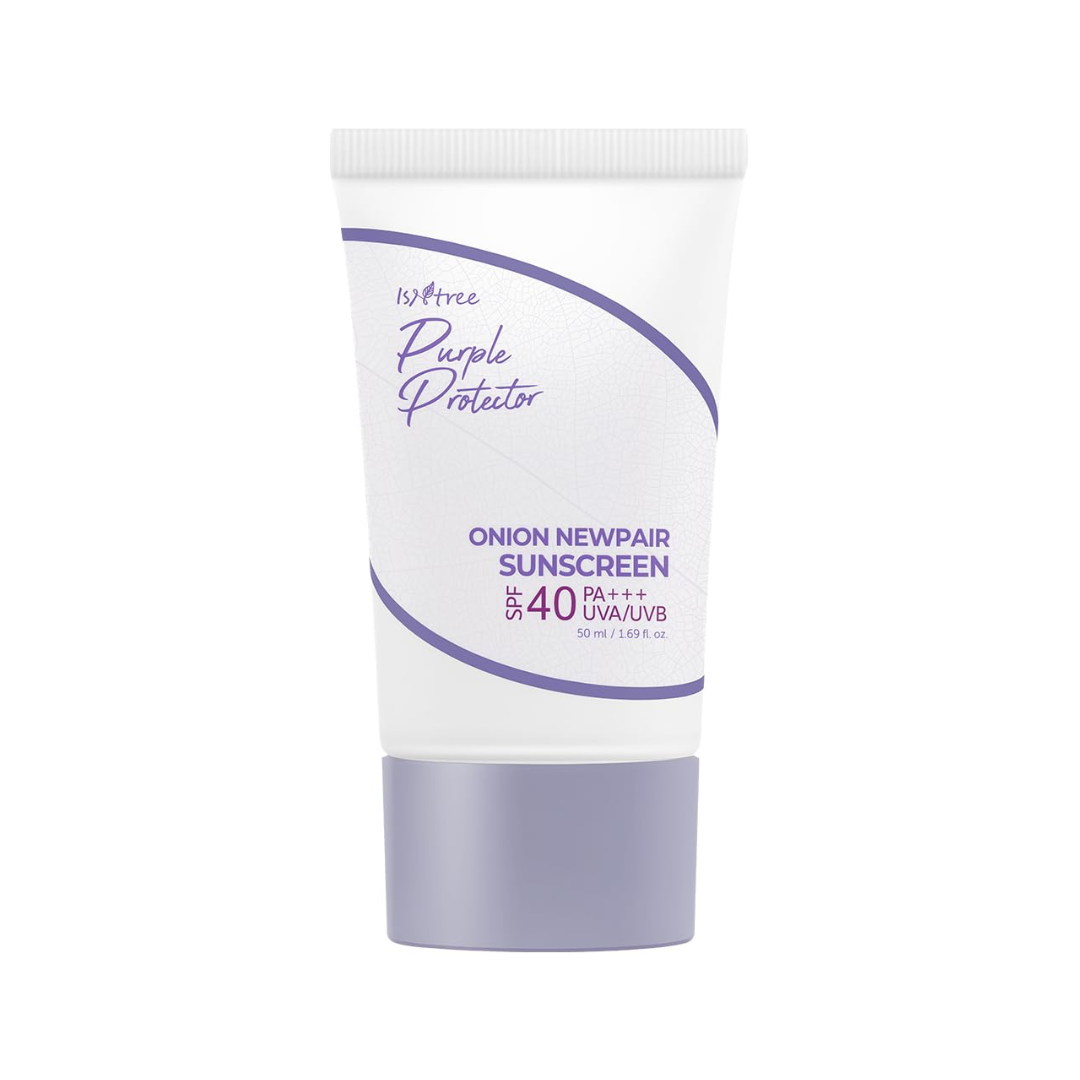Tubes med hvid og lilla tekst: "Isntree Onion Newpair Sunscreen SPF 40 PA+++," 50 ml.