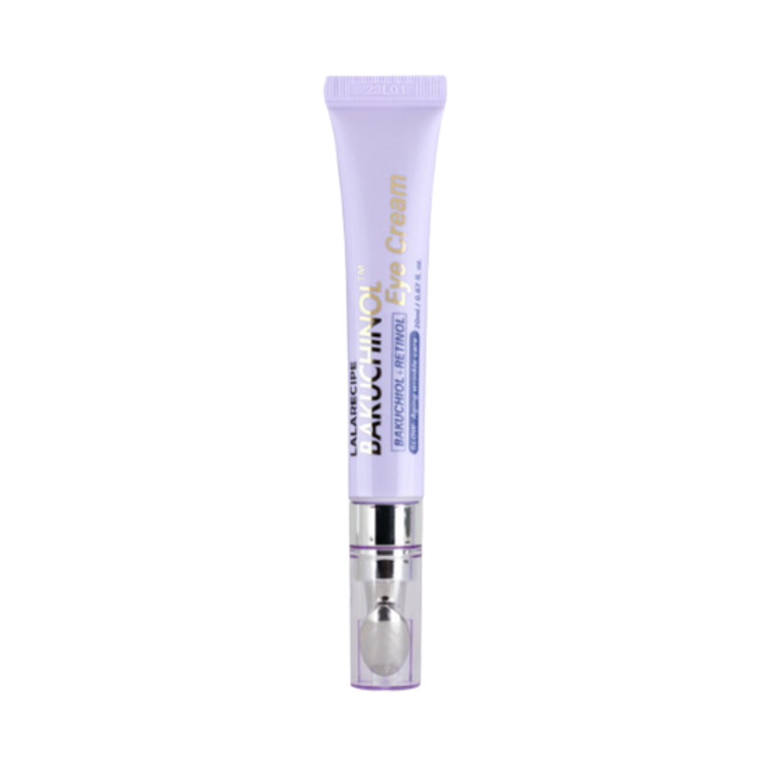 Lilla tube med sølvdetaljer, mærket "Lala Recipe Bakuchinol Eye Cream".