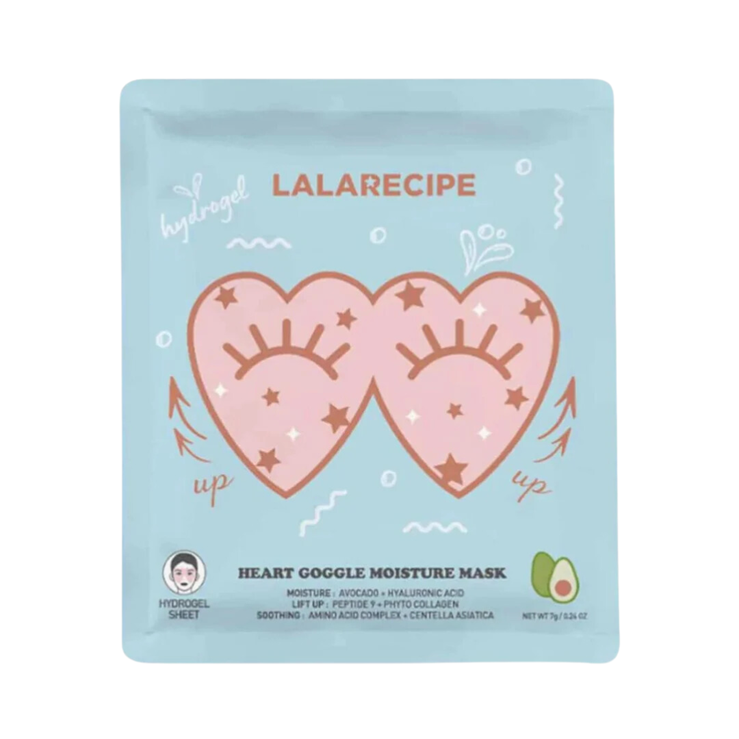 Blå emballage med lyserøde hjertebriller, stjerner og avocadoillustration. Tekst: "LALA RECIPE".