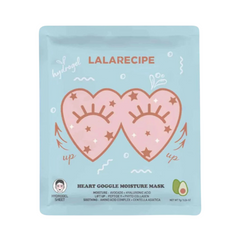 Blå emballage med lyserøde hjertebriller, stjerner og avocadoillustration. Tekst: "LALA RECIPE".
