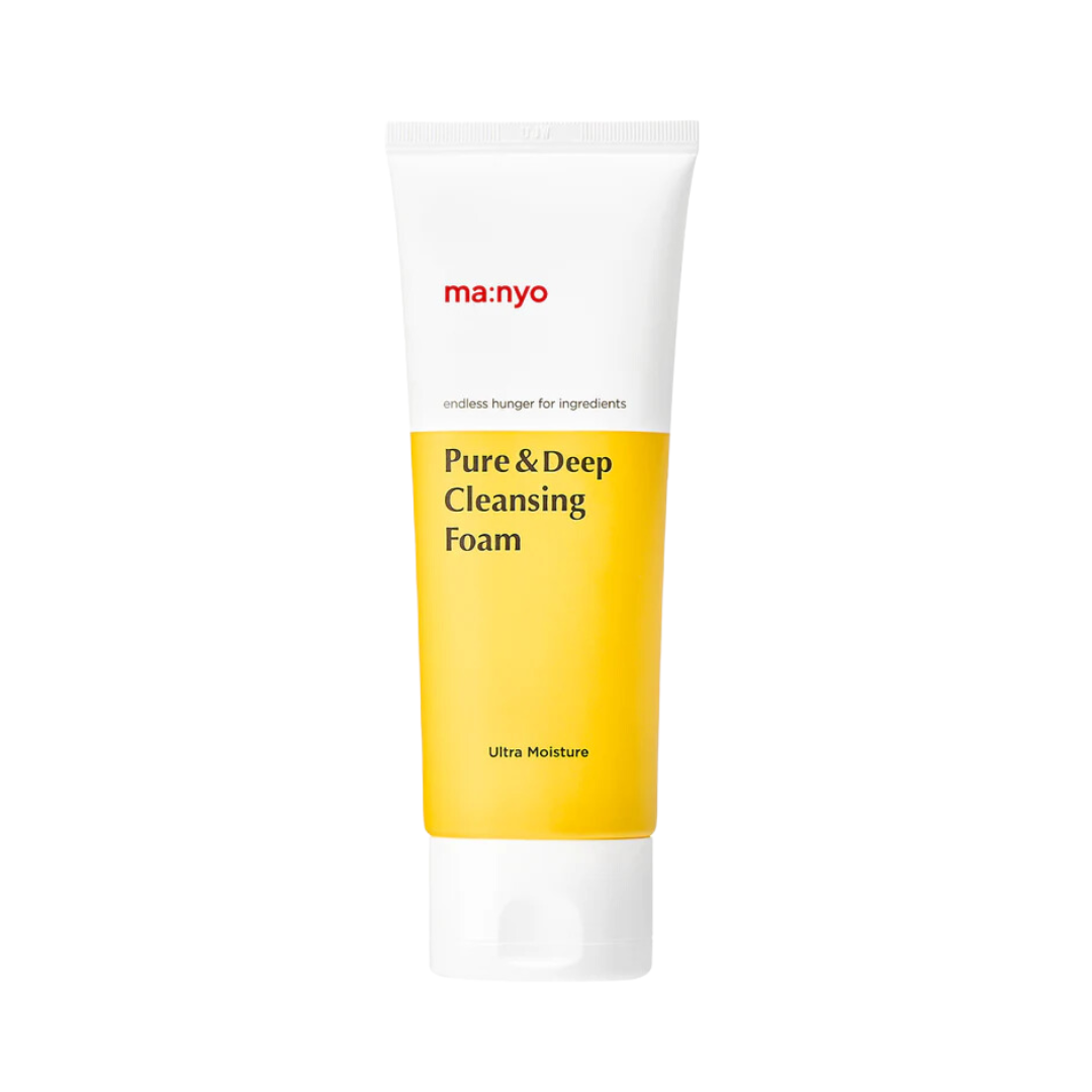 Hvid og gul tube af Manyo Pure&Deep Cleansing Foam med sort tekst og rød logo.