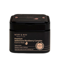 Sort beholder med Mary&May Premium Idebenone Blackberry Complex Essence Mask-etiket.