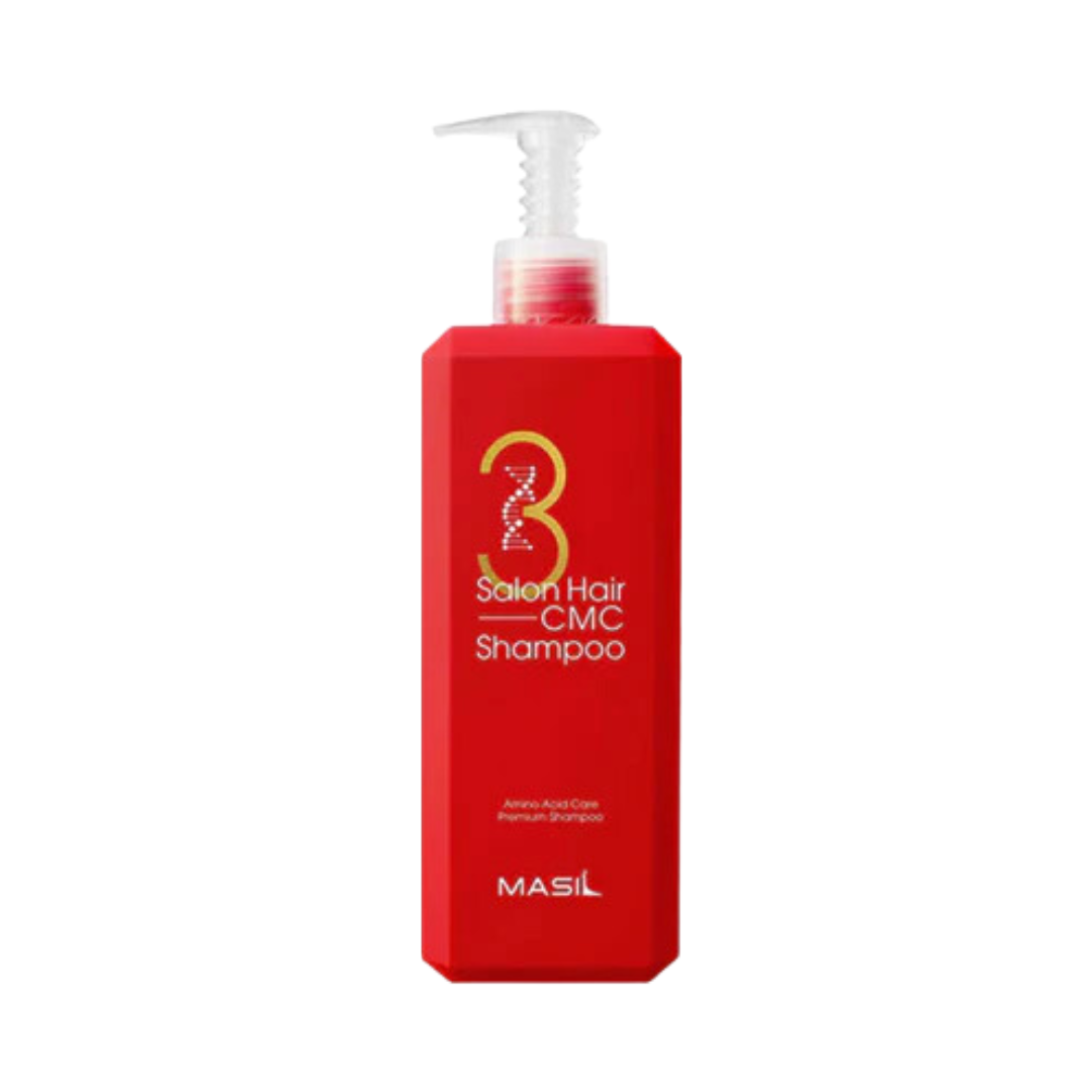 Rød flaske med pumpe, Masil 3 Salon Hair CMC Shampoo, 500 ml. Tekst i hvidt og guld.