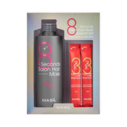 Gråt flaske med "8 Seconds Salon Hair Mask" og to røde poser "Salon Hair CMC Shampoo" fra Masil.