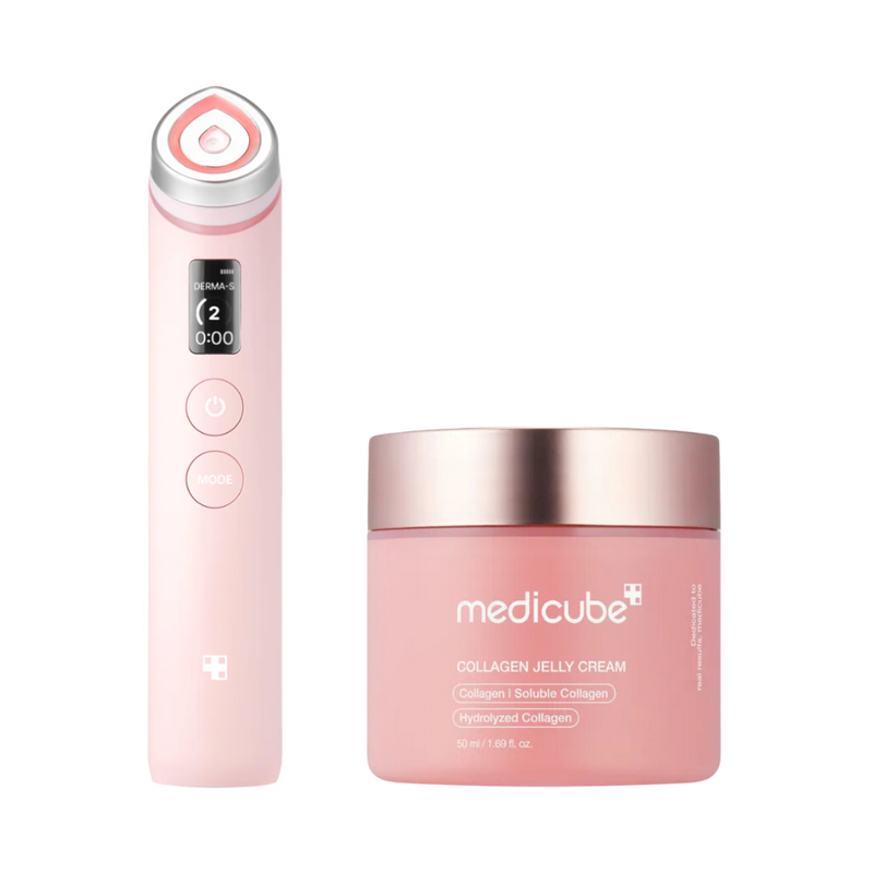 Lyserød enhed med display og knapper. Ved siden af, en krukke med "medicube Collagen Jelly Cream."