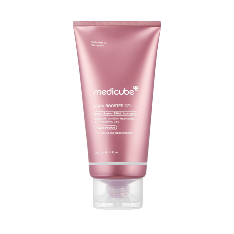 Pink tube med "medicube PDRN Booster Gel" 300 ml. Ingredienser: PDRN, Sodium DNA, Adenosine.