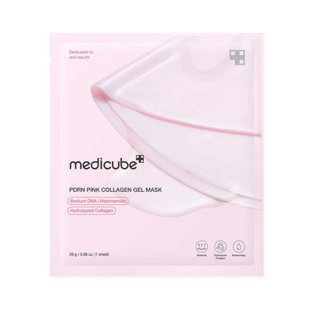 Lyserød pakke med Medicube PDRN Pink Collagen Gel Mask, ingredienser og fordele fremhævet.