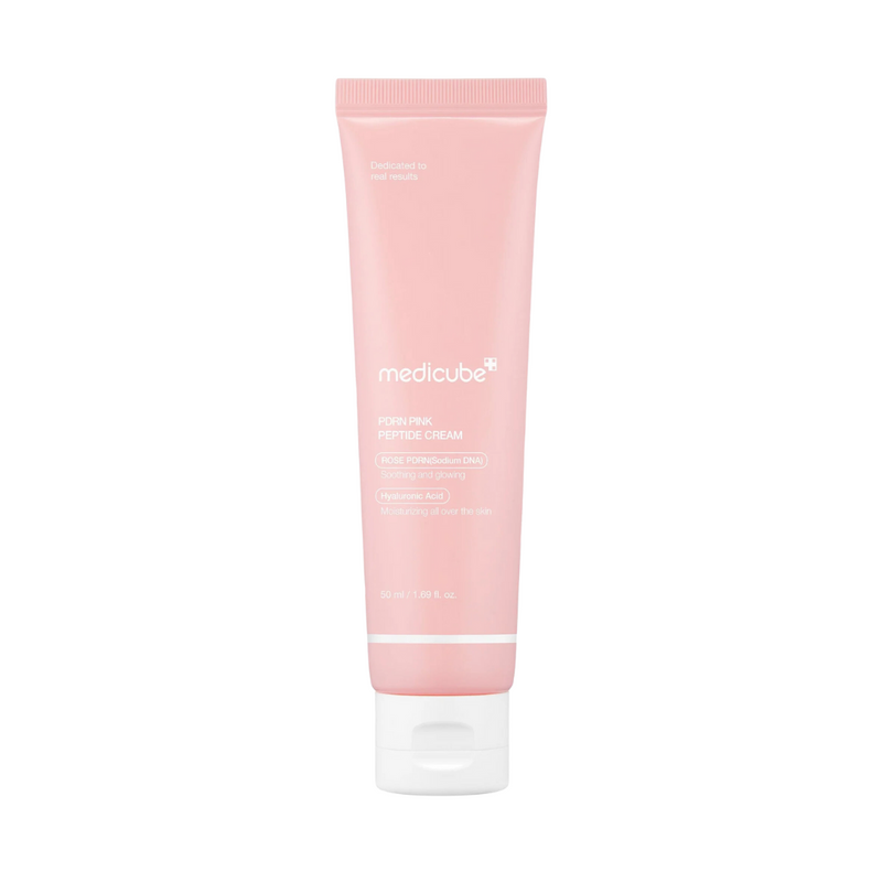 Pink tube med "Medicube PDRN Pink Peptide Cream," 50 ml, fugtgivende med hyaluronsyre.