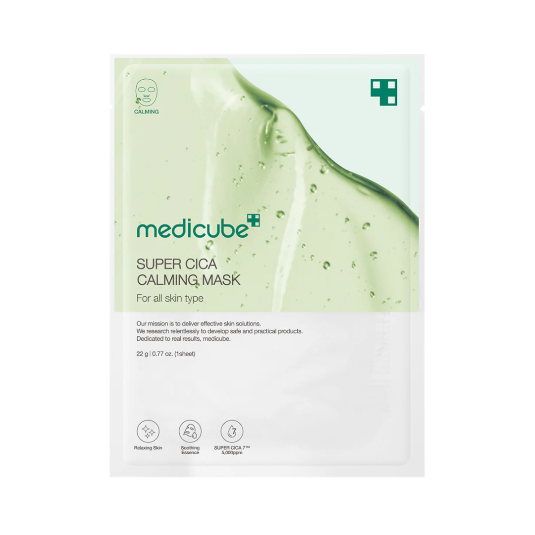 Medicube Super Cica Calming Mask, grøn væske, for alle hudtyper, beroligende og afslappende.