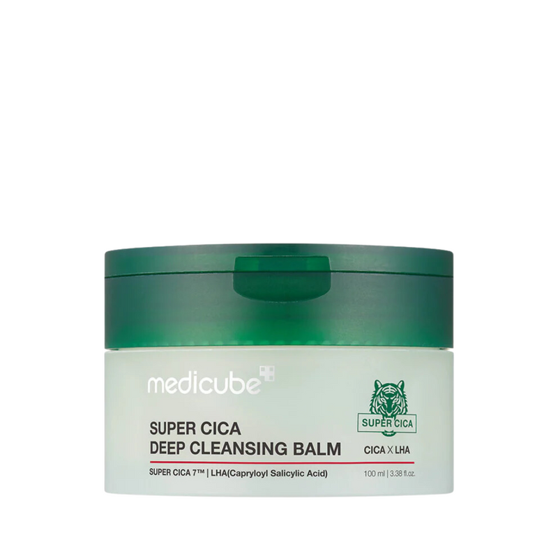 Grøn beholder med Medicube Super Cica Deep Cleansing Balm, 100 ml, tigerlogo på etiketten.
