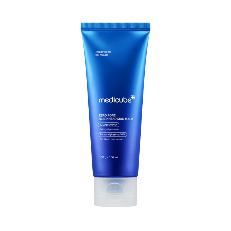 Blå tube med teksten "Medicube Zero Pore Blackhead Mud Mask," 100 g, med produktfordele nævnt.