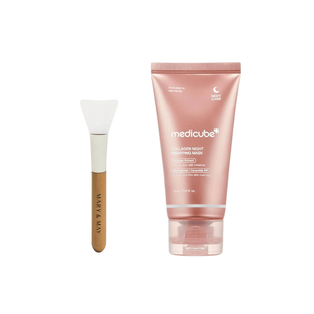 Pink tube med maske og hvid børste med træskaft til påføring.